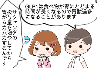 ４コマ漫画「GLP1で胃酸過多になったとき」の１コマ目