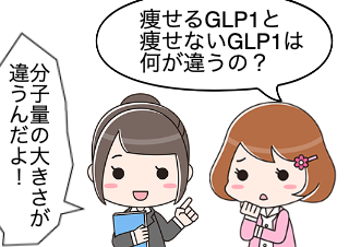 ４コマ漫画「やせるGLP1 と やせないGLP1」の１コマ目