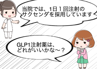 ４コマ漫画「GLP1注射薬どれがいい！？」の１コマ目