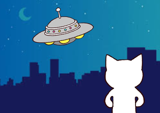 ４コマ漫画「UFO接近」の１コマ目