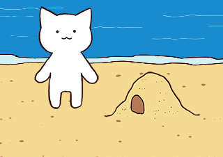 ４コマ漫画「海で遊ぶ猫」の１コマ目