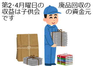 ４コマ漫画「古紙・アルミ回収で子供会を応援」の２コマ目