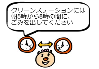 ４コマ漫画「もえるごみは奥から詰めて」の１コマ目
