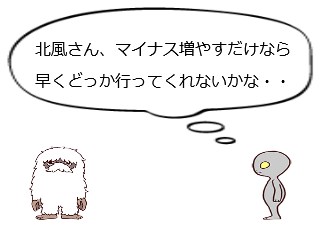 ４コマ漫画「北風さんと太陽さん」の２コマ目