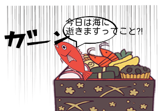 ４コマ漫画「タイが海に、、」の４コマ目